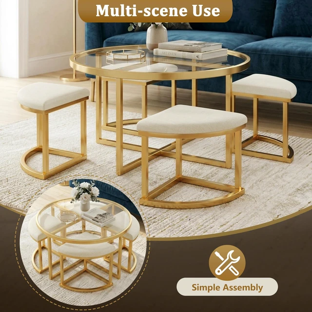 Alt view image 7 of 7 - Round Coffee Table Set with Nesting Stools, Tempered Glass Top and Gold Metal Frame Space Saving Cocktail Table