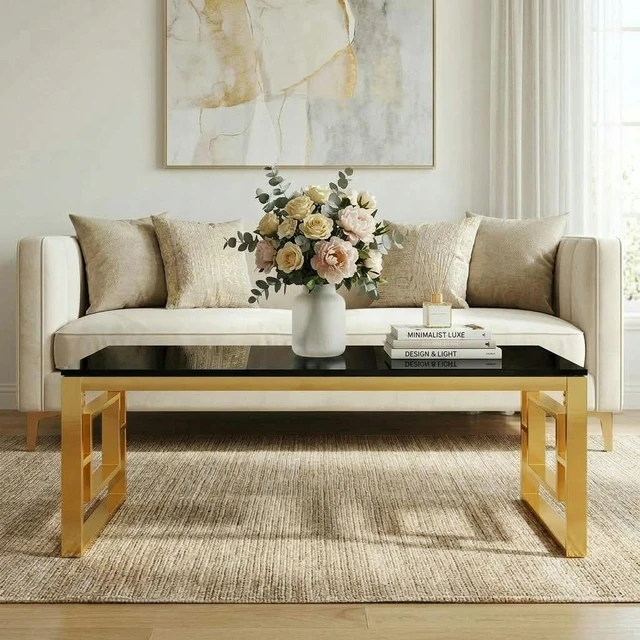 Alt view image 6 of 7 - Rectangular Gold Coffee Table, Tempered Glass Top Coffee Table with Geometric Gold Metal Frame Accent Center