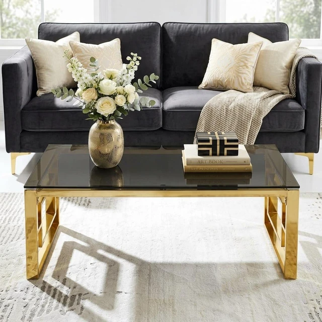 Alt view image 5 of 7 - Rectangular Gold Coffee Table, Tempered Glass Top Coffee Table with Geometric Gold Metal Frame Accent Center