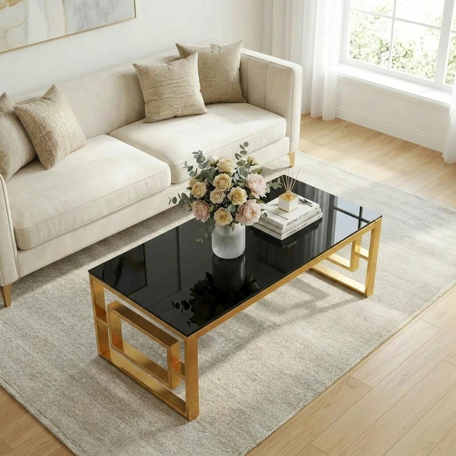 Alt view image 7 of 7 - Rectangular Gold Coffee Table, Tempered Glass Top Coffee Table with Geometric Gold Metal Frame Accent Center