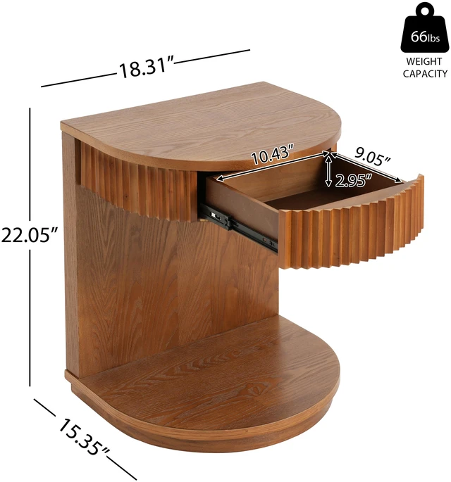 Alt view image 3 of 7 - Mid-Century Fluted Curved Side Table with Drawer, Walnut, MDF