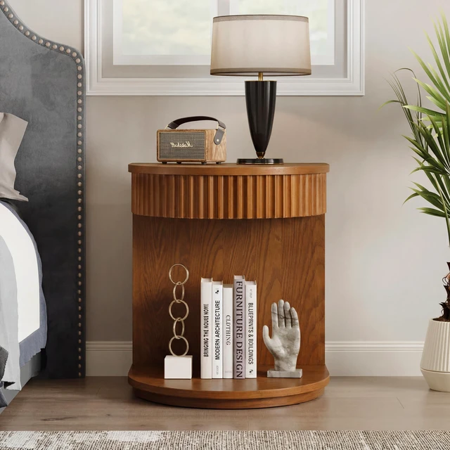 Alt view image 2 of 7 - Mid-Century Fluted Curved Side Table with Drawer, Walnut, MDF