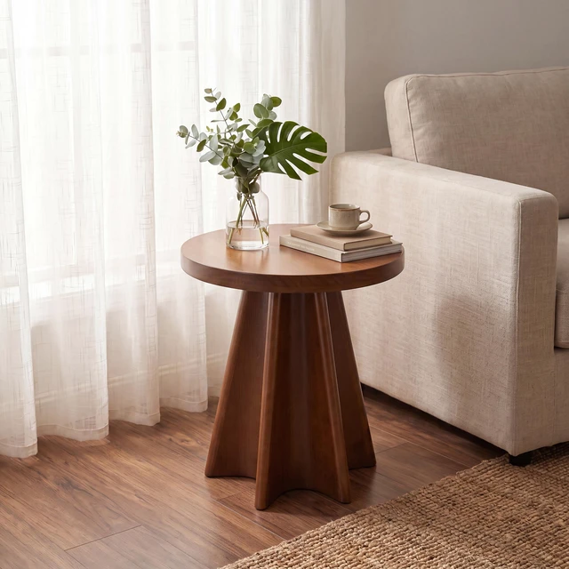 Alt view image 2 of 7 - Flower Shaped Solid Round Side Table, Decor Accent End Table for Living, Walnut, Pine