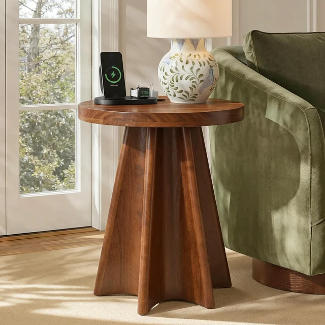 Main image of Flower Shaped Solid Round Side Table, Decor Accent End Table for Living, Walnut, Pine