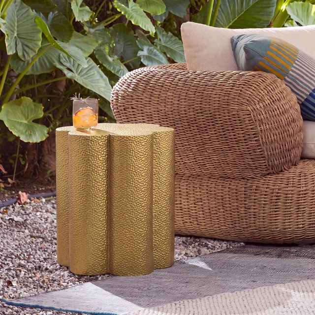 Main image of Hammered Iron Flower Shaped Indoor and Outdoor Accent Side Table, Golden
