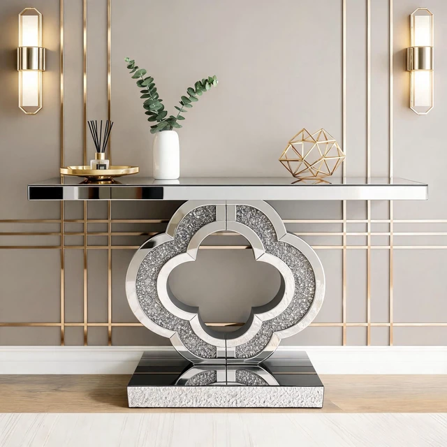 Main image of Mirrored Console Table 43.3 Inch, Glass Entryway Table with Clover Crushed Diamond Base Glam Sofa Accent for Entryway