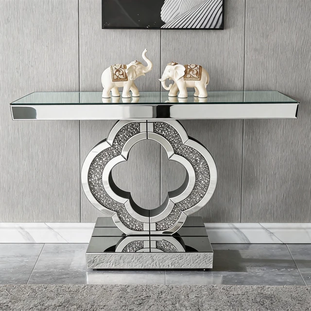 Alt view image 2 of 7 - Mirrored Console Table 43.3 Inch, Glass Entryway Table with Clover Crushed Diamond Base Glam Sofa Accent for Entryway