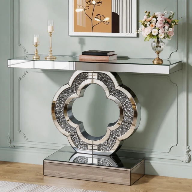 Alt view image 3 of 7 - Mirrored Console Table 43.3 Inch, Glass Entryway Table with Clover Crushed Diamond Base Glam Sofa Accent for Entryway