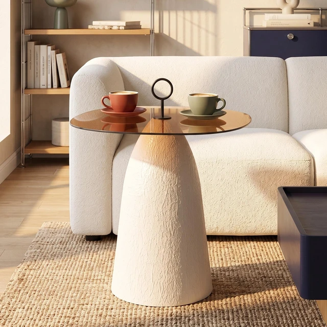 Main image of Indoor Accent Side Table with Brown Glass Top and Textured Base, Brown White, Glass and Metal