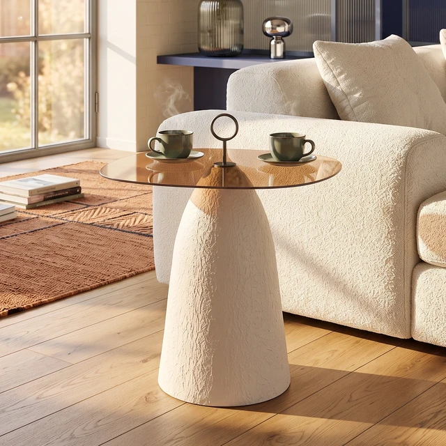 Alt view image 2 of 7 - Indoor Accent Side Table with Brown Glass Top and Textured Base, Brown White, Glass and Metal