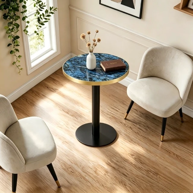 Alt view image 2 of 7 - 23.6 Inch Round MDF Sprayed with Paint Countertop, Texture Stainless Steel Edging Metal Table Legs Edge Coffee Table