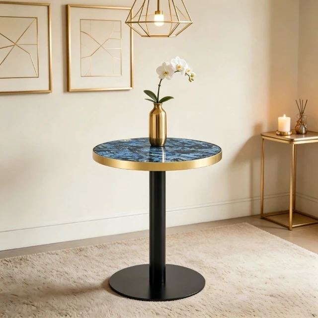 Alt view image 3 of 7 - 23.6 Inch Round MDF Sprayed with Paint Countertop, Texture Stainless Steel Edging Metal Table Legs Edge Coffee Table