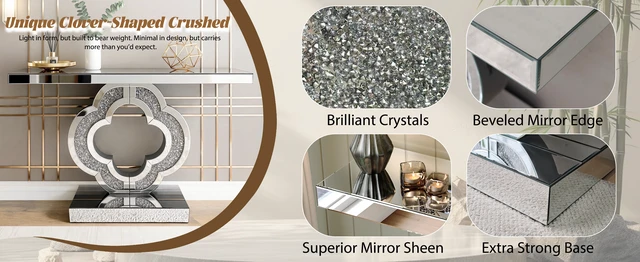 Alt view image 7 of 7 - Mirrored Console Table 43.3 Inch, Glass Entryway Table with Clover Crushed Diamond Base Glam Sofa Accent for Entryway