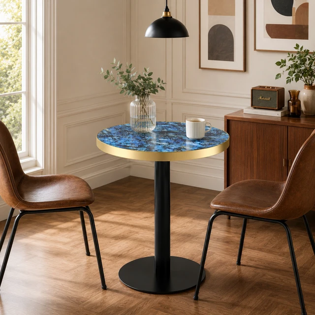 Alt view image 4 of 7 - 23.6 Inch Round MDF Sprayed with Paint Countertop, Texture Stainless Steel Edging Metal Table Legs Edge Coffee Table