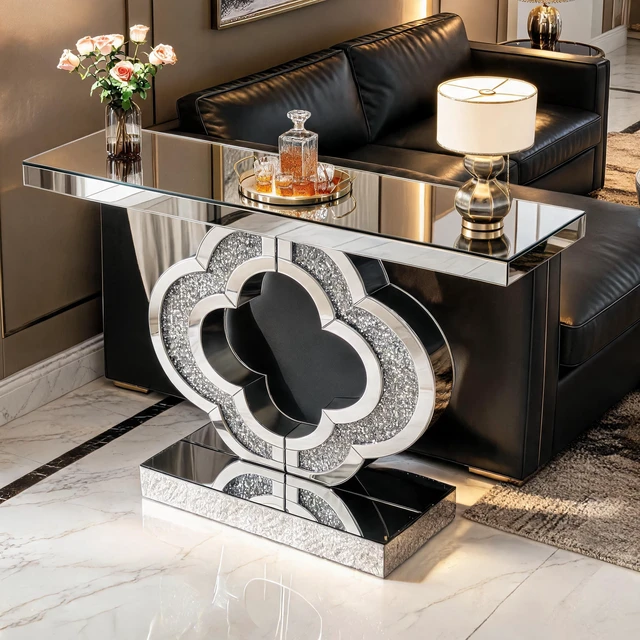 Alt view image 4 of 7 - Mirrored Console Table 43.3 Inch, Glass Entryway Table with Clover Crushed Diamond Base Glam Sofa Accent for Entryway