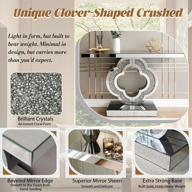 Alt view image 5 of 7 - Mirrored Console Table 43.3 Inch, Glass Entryway Table with Clover Crushed Diamond Base Glam Sofa Accent for Entryway