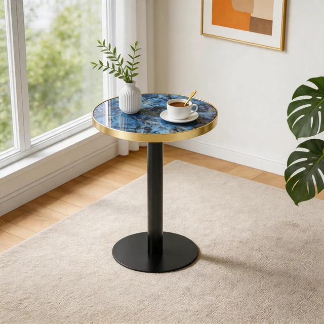 Alt view image 6 of 7 - 23.6 Inch Round MDF Sprayed with Paint Countertop, Texture Stainless Steel Edging Metal Table Legs Edge Coffee Table