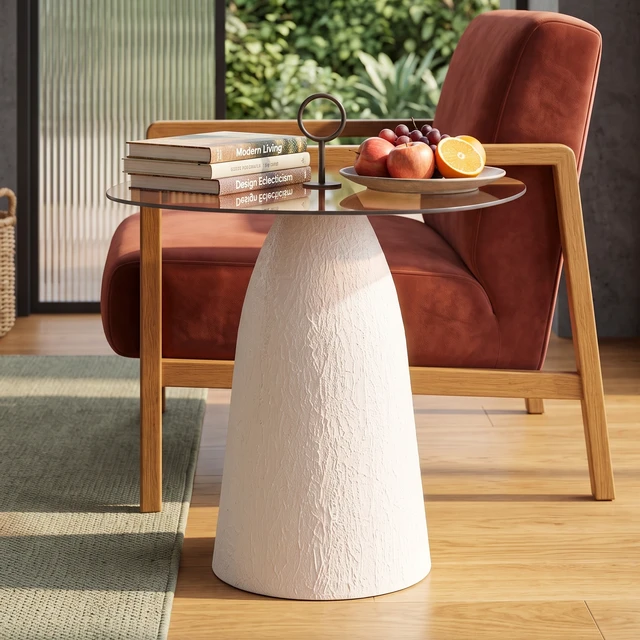 Alt view image 6 of 7 - Indoor Accent Side Table with Brown Glass Top and Textured Base, Brown White, Glass and Metal