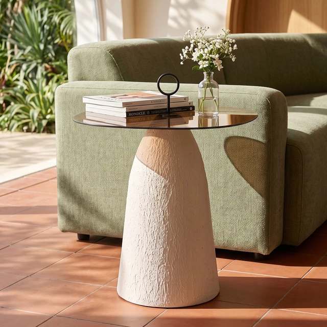 Alt view image 7 of 7 - Indoor Accent Side Table with Brown Glass Top and Textured Base, Brown White, Glass and Metal