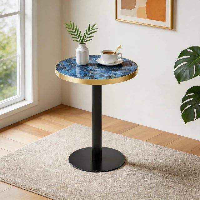 Alt view image 7 of 7 - 23.6 Inch Round MDF Sprayed with Paint Countertop, Texture Stainless Steel Edging Metal Table Legs Edge Coffee Table