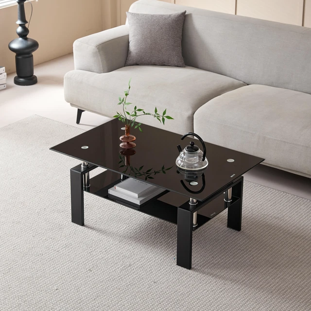 Main image of Tempered Black Glass Coffee Table, Layers Tea Table with Metal Legs 100 55