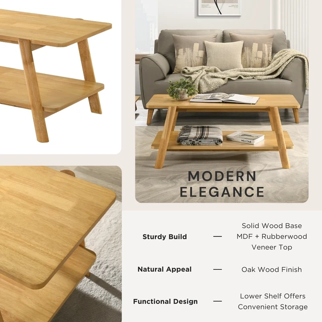 Alt view image 6 of 7 - 3 Piece Coffee Table Set, Coffee Table and Two End Oak Finish, Oak, Solid Wood and MDF