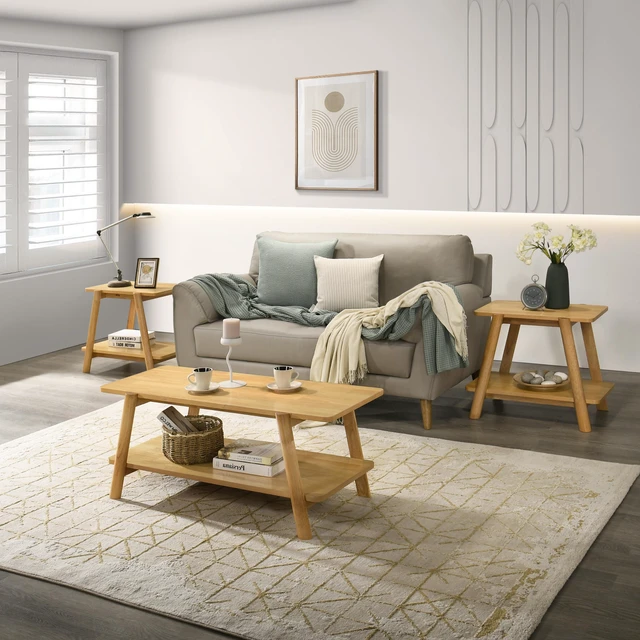 Main image of 3 Piece Coffee Table Set, Coffee Table and Two End Oak Finish, Oak, Solid Wood and MDF