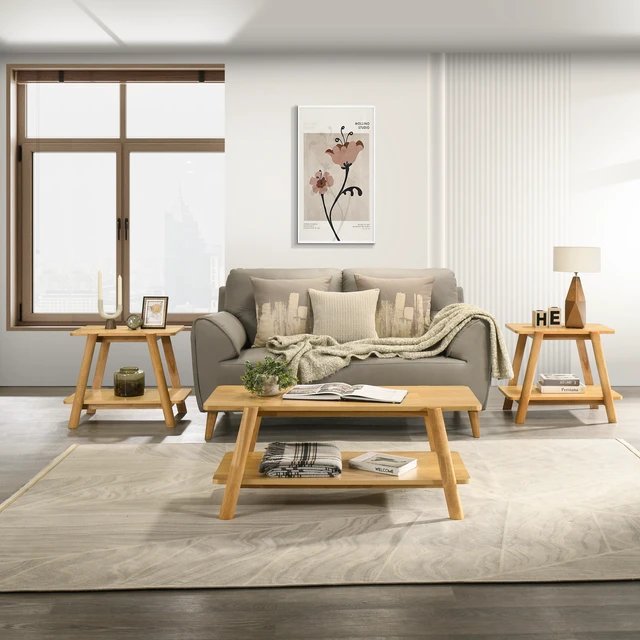 Alt view image 2 of 7 - 3 Piece Coffee Table Set, Coffee Table and Two End Oak Finish, Oak, Solid Wood and MDF
