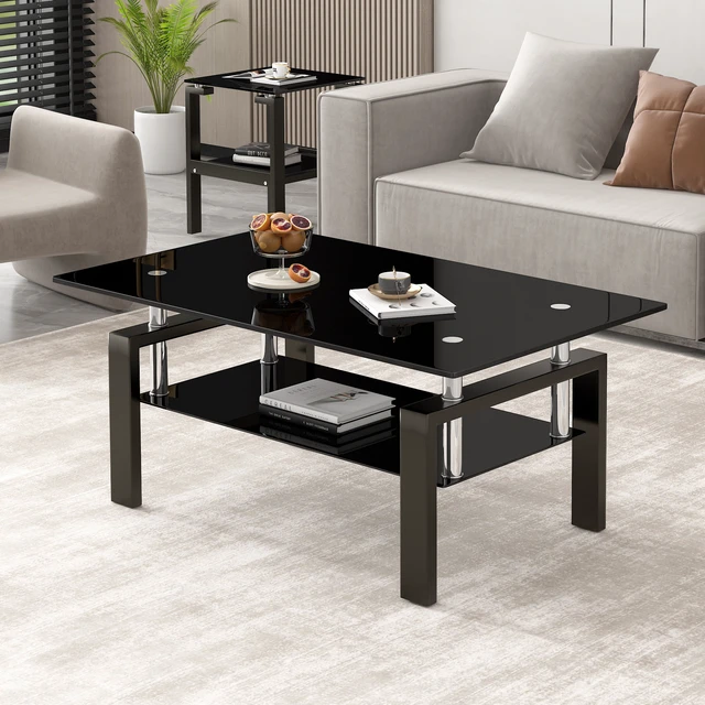 Alt view image 5 of 6 - Tempered Black Glass Coffee Table, Layers Tea Table with Metal Legs 100 55