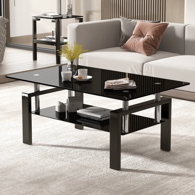 Alt view image 6 of 6 - Tempered Black Glass Coffee Table, Layers Tea Table with Metal Legs 100 55
