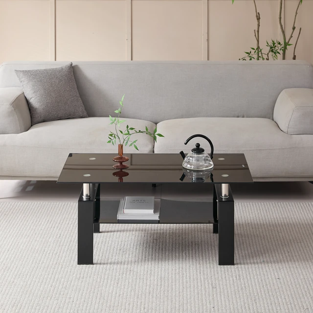 Alt view image 3 of 6 - Tempered Black Glass Coffee Table, Layers Tea Table with Metal Legs 100 55