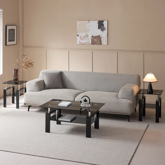 Alt view image 4 of 6 - Tempered Black Glass Coffee Table, Layers Tea Table with Metal Legs 100 55