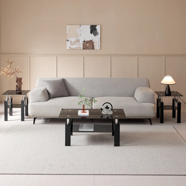 Alt view image 2 of 6 - Tempered Black Glass Coffee Table, Layers Tea Table with Metal Legs 100 55