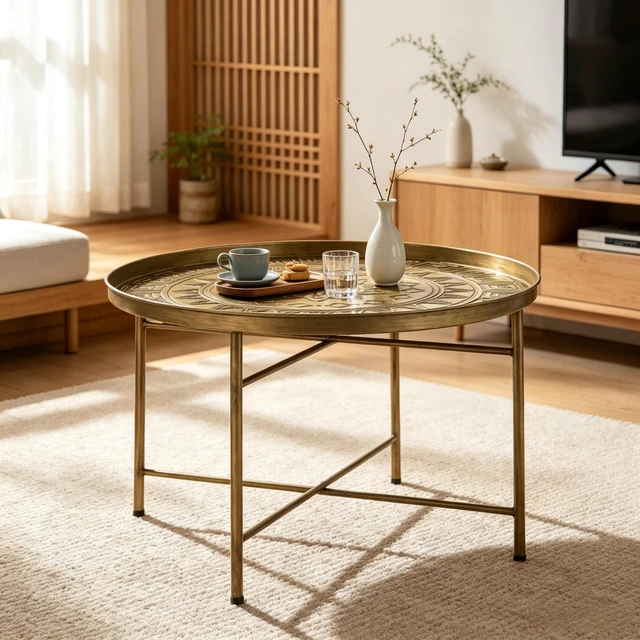 Main image of Side Table with Hammered Design, Center Table End Round Coffee Functional Circular Center for Living and Tea Time Only