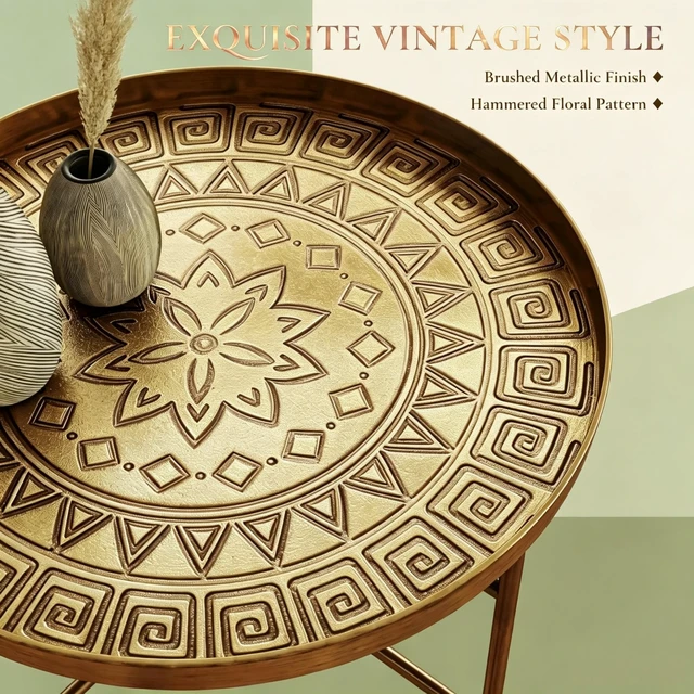 Alt view image 7 of 7 - Side Table with Hammered Design, Center Table End Round Coffee Functional Circular Center for Living and Tea Time Only