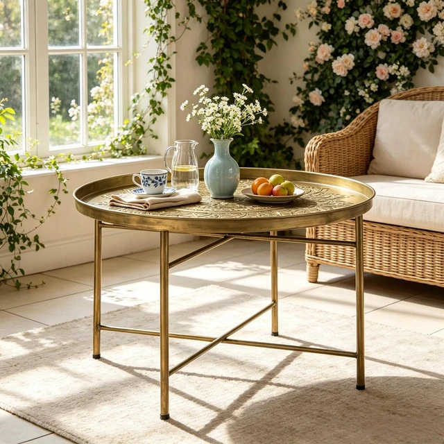 Main image of Center Table, Side Table with Hammered Floral Pattern Top End Round Coffee Functional Circular Center for Living