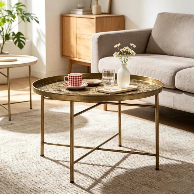 Alt view image 6 of 7 - Side Table with Hammered Design, Center Table End Round Coffee Functional Circular Center for Living and Tea Time Only