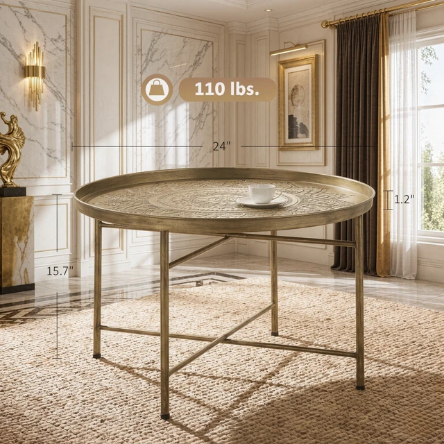 Alt view image 6 of 7 - Center Table, Side Table with Hammered Floral Pattern Top End Round Coffee Functional Circular Center for Living