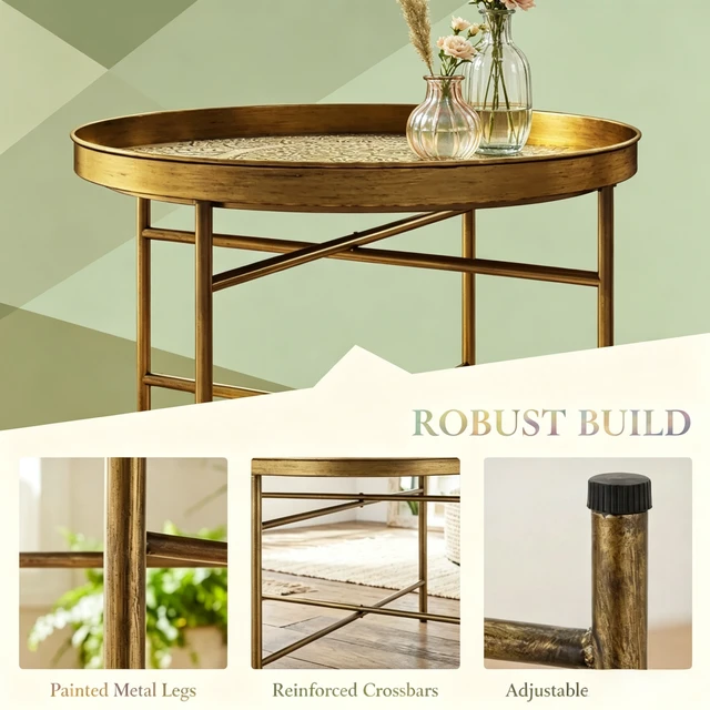 Alt view image 5 of 7 - Center Table, Side Table with Hammered Floral Pattern Top End Round Coffee Functional Circular Center for Living