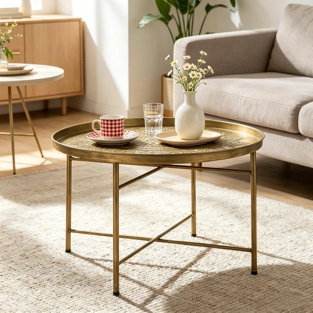 Alt view image 7 of 7 - Center Table, Side Table with Hammered Floral Pattern Top End Round Coffee Functional Circular Center for Living