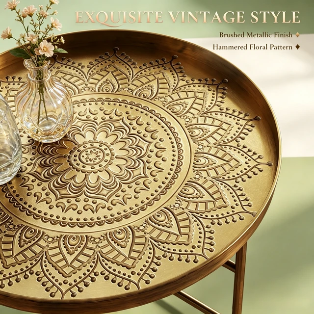 Alt view image 3 of 7 - Center Table, Side Table with Hammered Floral Pattern Top End Round Coffee Functional Circular Center for Living