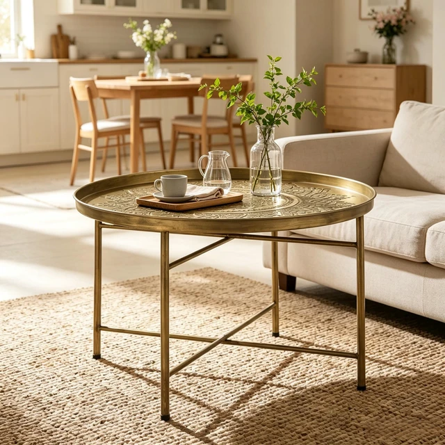 Alt view image 2 of 7 - Center Table, Side Table with Hammered Floral Pattern Top End Round Coffee Functional Circular Center for Living