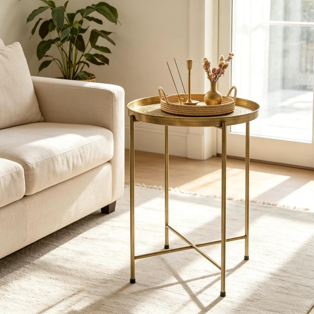 Alt view image 2 of 7 - Round Coffee Table, Center Table Side End Functional Circular Center for Living and Tea Time Only Gold, Metal
