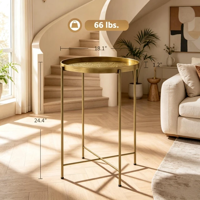Alt view image 4 of 7 - Round Coffee Table, Center Table Side End Functional Circular Center for Living and Tea Time Only Gold, Metal