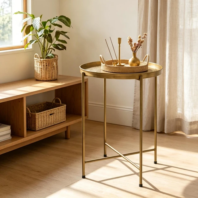 Alt view image 7 of 7 - Round Coffee Table, Center Table Side End Functional Circular Center for Living and Tea Time Only Gold, Metal