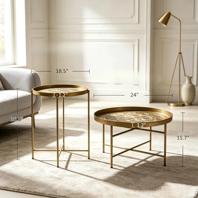 Alt view image 5 of 7 - Side Table Set, Round Accent Table Display End Small Coffee Set Circle Coffee Only Circle Gold, Metal