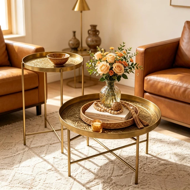 Alt view image 6 of 7 - Side Table Set, Round Accent Table Display End Small Coffee Set Circle Coffee Only Circle Gold, Metal