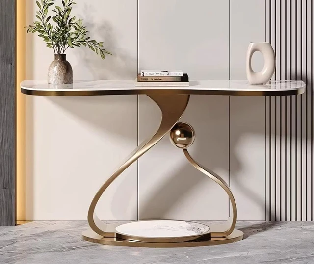 Main image of Sintered Entryway Console Table with Sculptural Metal Base Subtle Veining, White, Metal and Sintered Stone