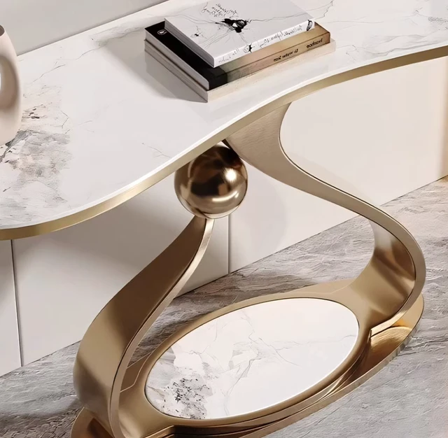 Alt view image 3 of 7 - Sintered Entryway Console Table with Sculptural Metal Base Subtle Veining, White, Metal and Sintered Stone