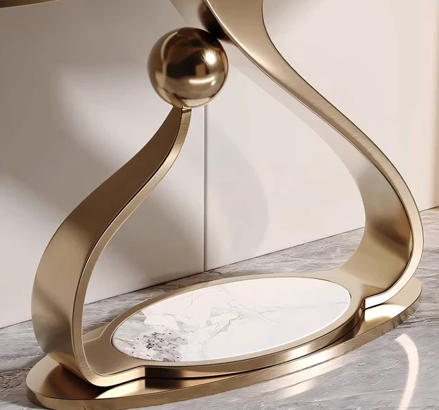 Alt view image 4 of 7 - Sintered Entryway Console Table with Sculptural Metal Base Subtle Veining, White, Metal and Sintered Stone